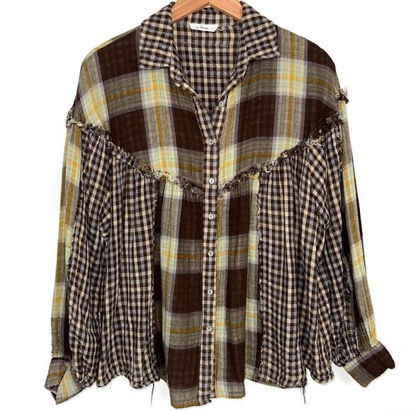 In Loom Brown Plaid Check Frayed Ruffle Relaxed Button Front Top Size Small - Picture 2 of 13